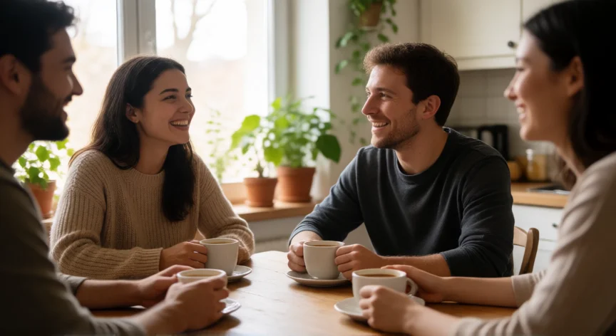 como tratar mejor a las personas, Grupo de amigos compartiendo un momento cálido alrededor de una mesa con café