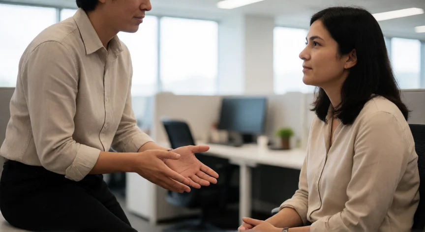 como tratar mejor a los demas, Dos compañeros de trabajo en una conversación respetuosa y abierta en la oficina