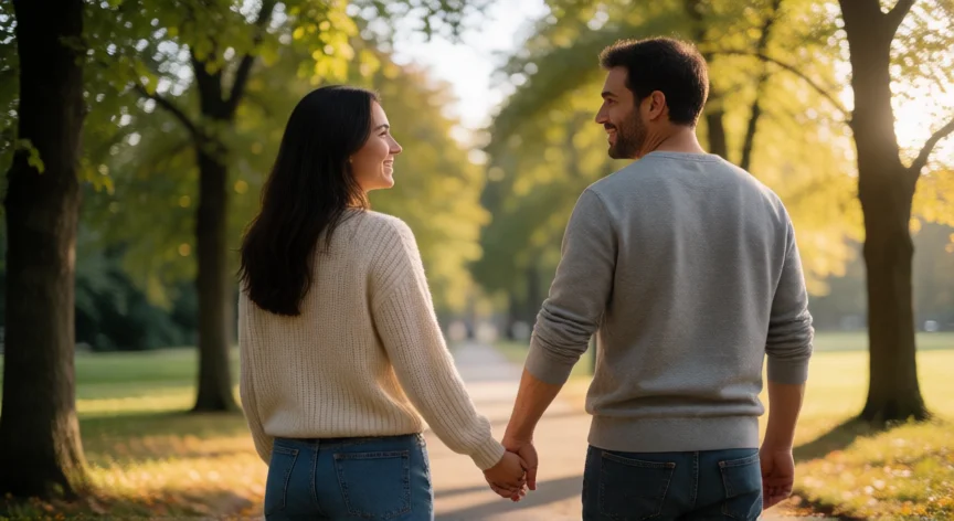 como tratar mejor a mi esposa, Pareja caminando de la mano por un parque con luz dorada de tarde