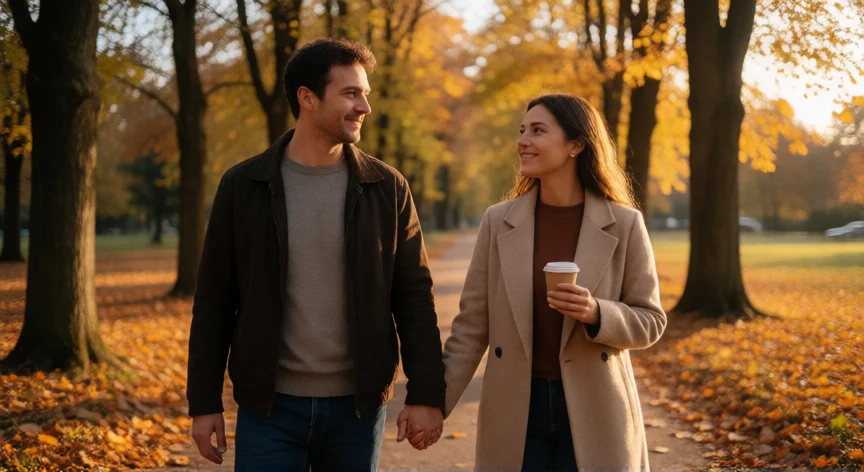 como tratar mejor a mi novio, Pareza paseando de la mano por un parque al atardecer en otoño