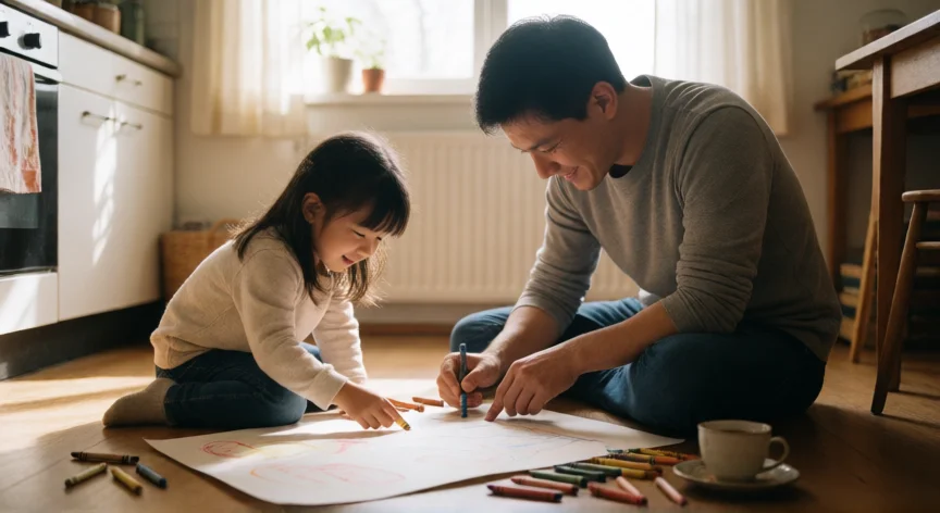 Padre e hija dibujando juntos en el suelo de la cocina con luz natural