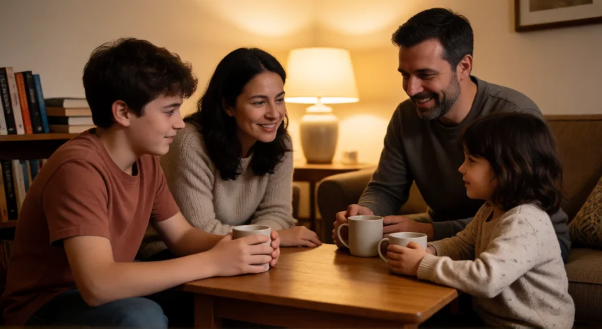 como tratar mejor a mis hijos, Familia charlando en torno a la mesa del salón con ambiente cálido