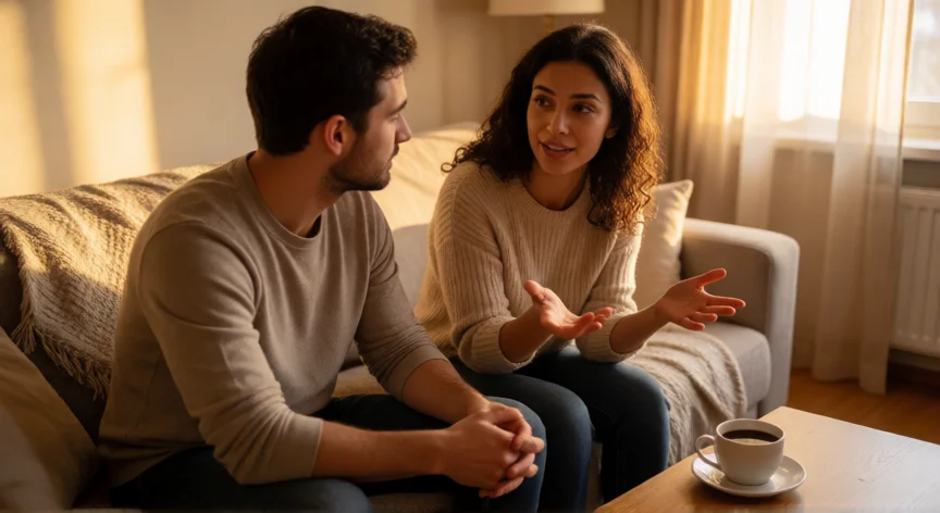 como tratar mejor a tu novia, Pareja conversando con escucha activa en el sofá de casa
