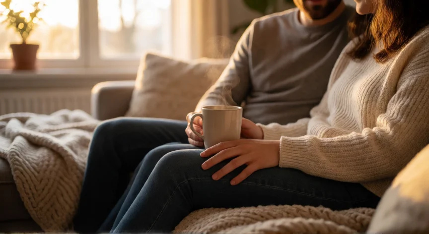 Pareja compartiendo un momento de calma y cercanía en el sofá