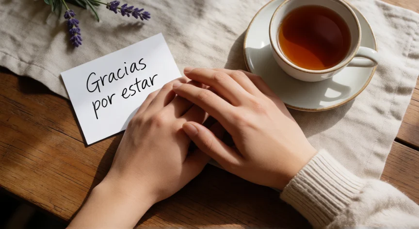 como tratar mejor a tu pareja, Manos entrelazadas sobre una mesa con una nota de agradecimiento