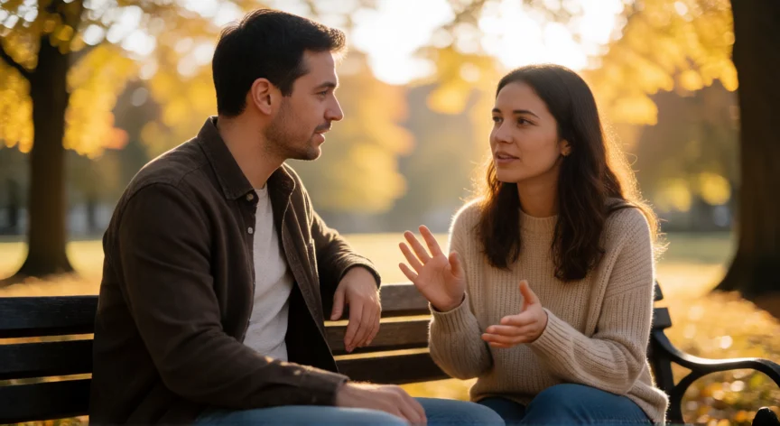 como tratar mejor a una mujer, Pareja conversando con atención en un banco de parque al atardecer