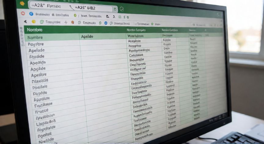 como unir dos celdas en excel nombre y apellido, Pantalla de Excel mostrando la fórmula para unir nombre y apellido en una sola celda