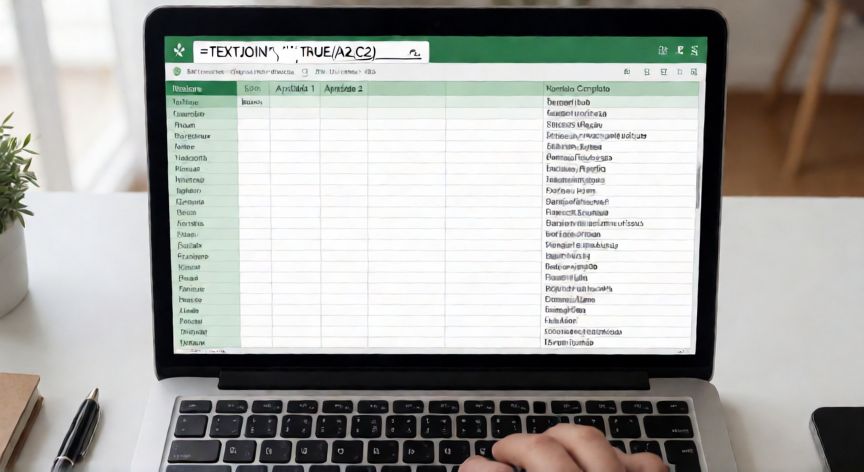 como unir en excel nombres y apellidos, Uso de la función TEXTJOIN en Excel para concatenar nombre y dos apellidos omitiendo celdas vacías