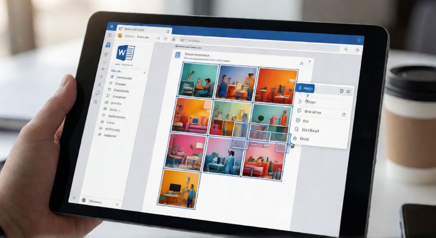 como unir en word imagenes, Pantalla de Word mostrando varias imágenes seleccionadas y el menú contextual de agrupar objetos