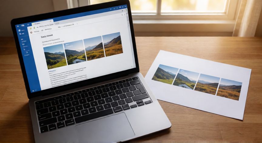 como unir en word imagenes, Documento de Word con una fila de fotos agrupadas como un solo objeto junto a su versión impresa