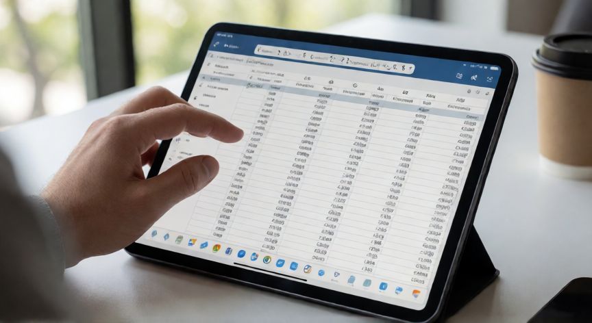 Persona usando Excel en un iPad mostrando una hoja de cálculo con datos de presupuesto