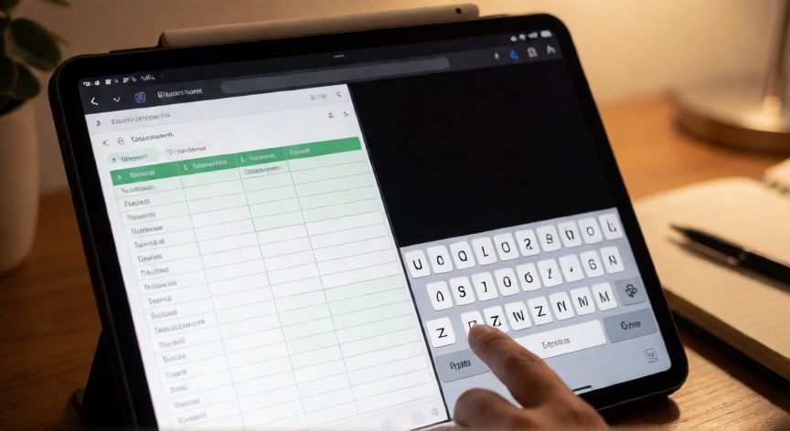 como usar excel en ipad gratis, iPad con Excel abierto en el navegador y teclado virtual para introducir datos numéricos