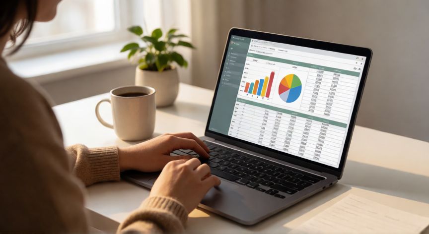 como usar excel gratis, Persona trabajando en un portátil con una hoja de cálculo con gráficos abiertos