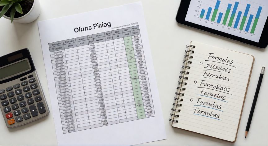 como usar excel gratis, Vista cenital de escritorio con hoja de cálculo impresa, calculadora y tablet con gráfico de barras
