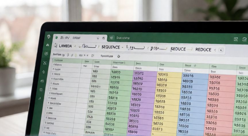 como usar for en excel, Hoja de cálculo Excel con fórmulas dinámicas LAMBDA y SEQUENCE en la barra de fórmulas