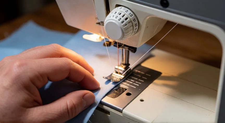 como usar maquina de coser 12 puntadas, Manos enhebrando una máquina de coser seleccionando la puntada en el dial de 12 opciones