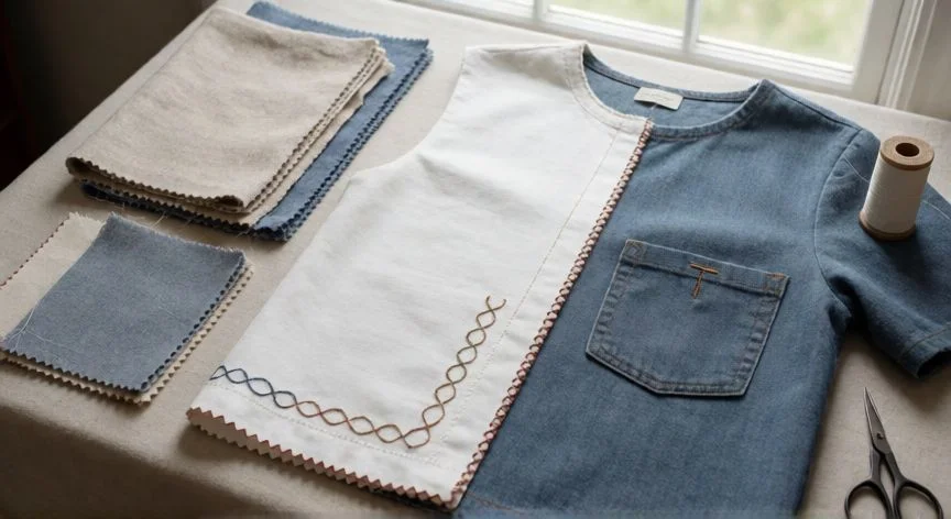 como usar maquina de coser 12 puntadas, Muestras de tela cosidas con distintas puntadas: recta, zigzag, festoneada y ojal en denim