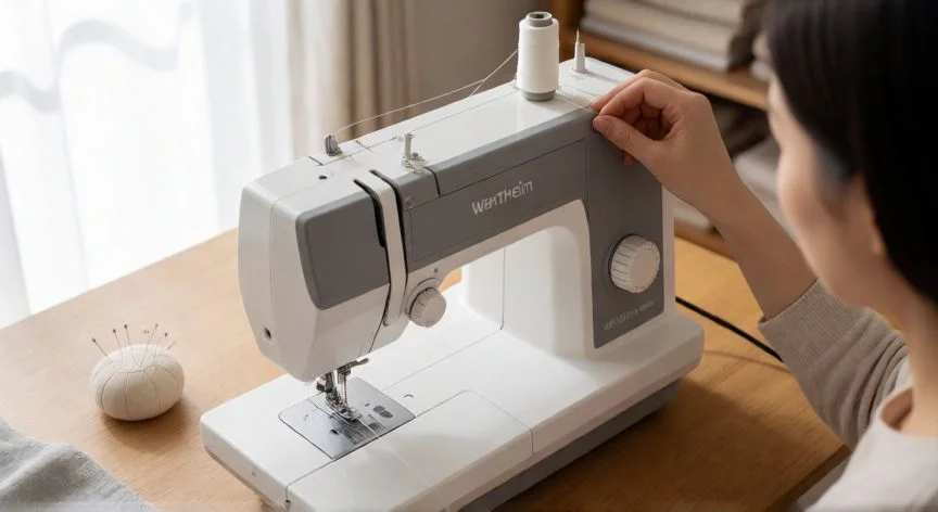 como usar maquina de coser wertheim, Manos enhebrando la aguja de una máquina de coser Wertheim sobre una mesa de madera
