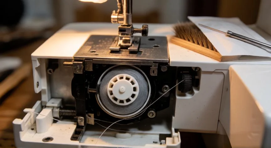 como usar maquina de coser wertheim, Compartimento de la bobina inferior de una máquina de coser con el enhebrado de la canilla visible
