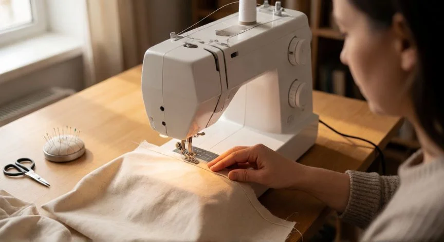como usar maquina de coser white, Manos cosiendo tela beige con una máquina de coser blanca sobre mesa de madera