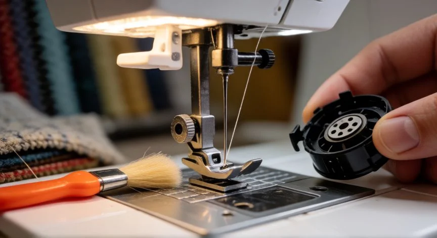 como usar maquina de coser white, Detalle del mecanismo de aguja y enhebrado de una máquina de coser blanca con limpieza de pelusa