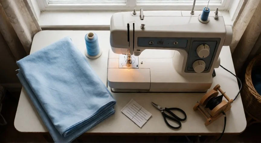 como usar maquina de coser willpex, Espacio de costura con máquina de coser, tela de algodón, hilo poliéster y accesorios sobre mesa de madera