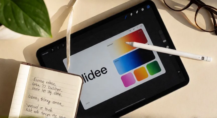 como usar powerpoint en ipad, Flat lay of iPad with Apple Pencil on top showing slide design tools, notebook and workspace
