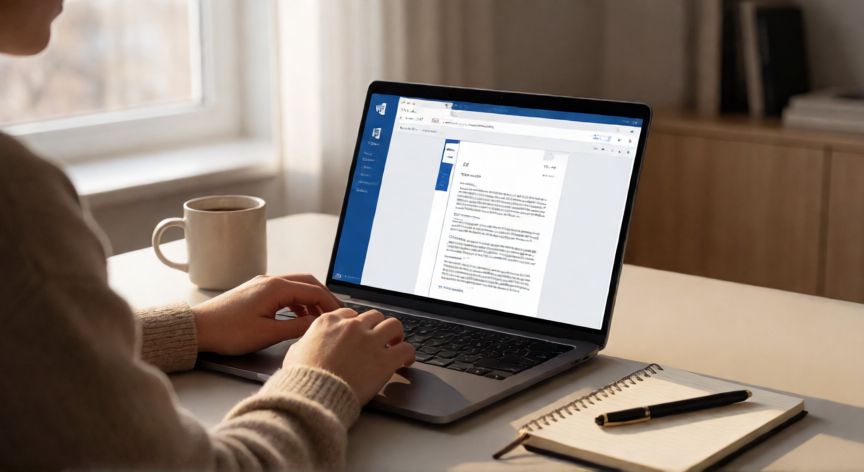 como usar word gratis, Persona usando Word gratuito en la web desde un portátil en su escritorio