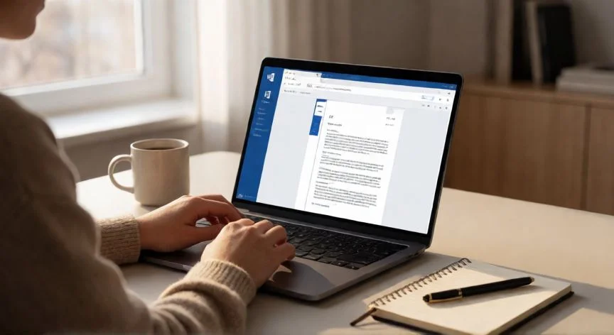 Persona usando Word gratuito en la web desde un portátil en su escritorio
