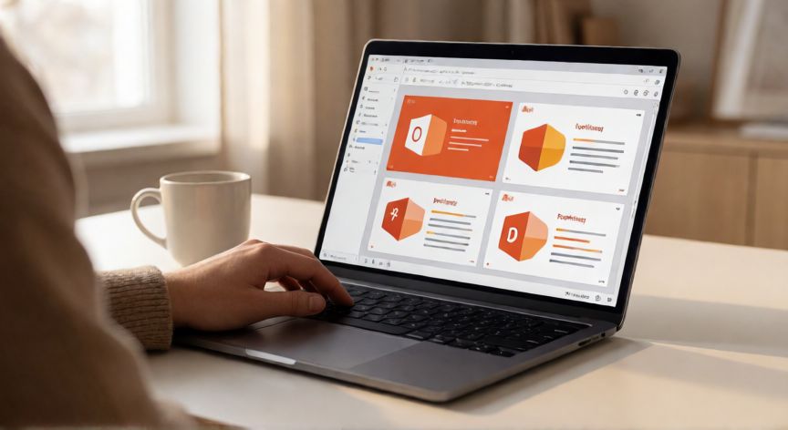 como utilizar powerpoint, Persona trabajando con Microsoft PowerPoint en un portátil en un escritorio moderno
