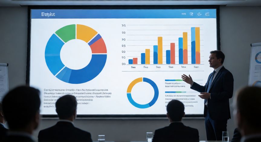 como utilizar powerpoint, Presentación de PowerPoint proyectada en una sala de conferencias con audiencia