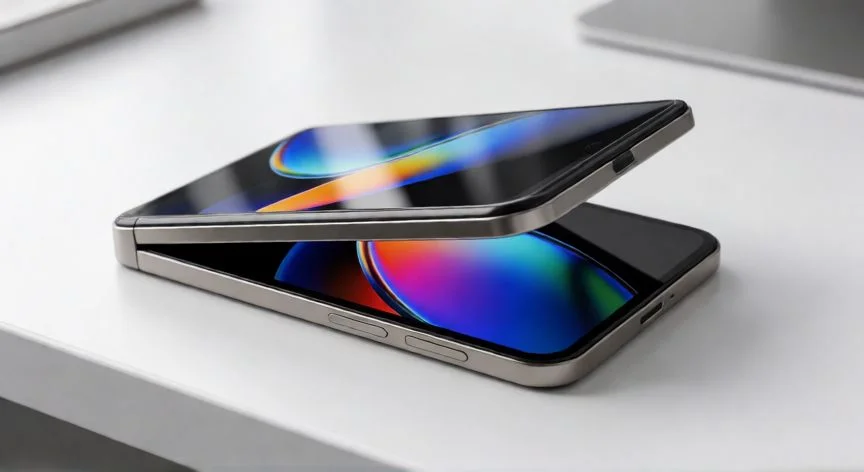 Concepto de iPhone 18 con diseño plegable sobre escritorio moderno