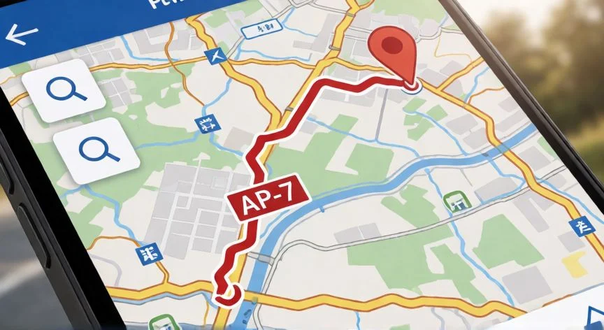 Mapa de carretera en un móvil mostrando la ruta de la AP-7 con un marcador de ubicación.