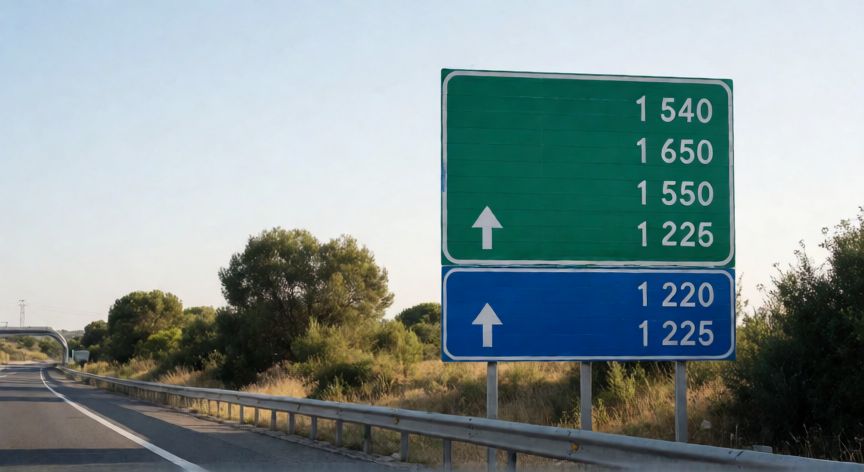 como.encontrar km 171 ap 7 en mapa, Señalética de autopista con indicadores de distancia en un tramo de carretera.