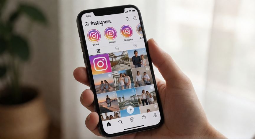 Pantalla de móvil mostrando la interfaz de Instagram y el botón para crear nuevo post