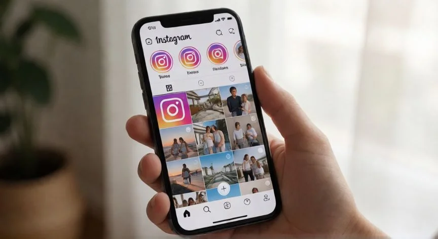 Pantalla de móvil mostrando la interfaz de Instagram y el botón para crear nuevo post