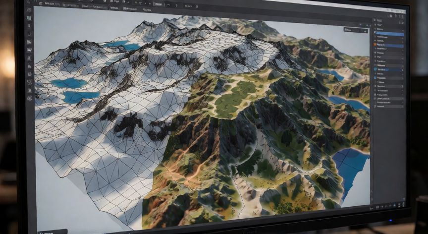 conga 4090 como hacer nuevo mapa, Interfaz de software de diseño 3D mostrando la creación de un mapa de terreno con capas de altura y textura