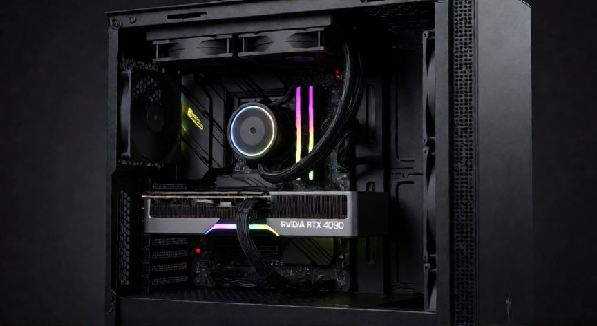 conga 4090 como hacer nuevo mapa, Vista lateral de una torre de ordenador de sobremesa mostrando la tarjeta gráfica NVIDIA RTX 4090 instalada y encendida