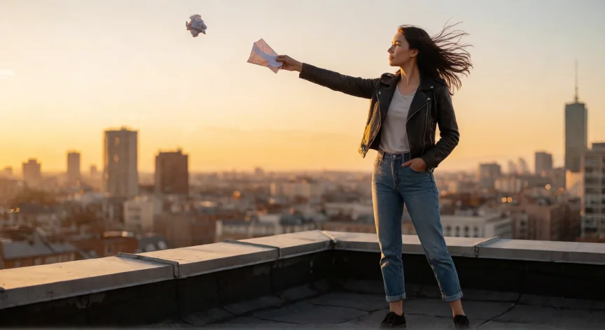 consejos malvados para ser tu propia superheroina, Mujer de pie en una azotea al atardecer dejando ir un papel al viento, actitud de superheroina urbana