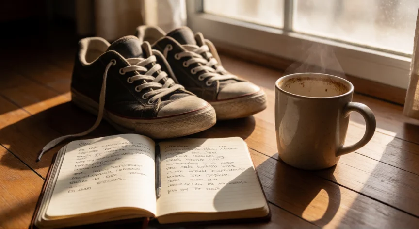 consejos malvados para ser tu propia superheroina, Zapatillas gastadas junto a un cuaderno abierto con apuntes y un café, luz de mañana, base secreta de una heroína