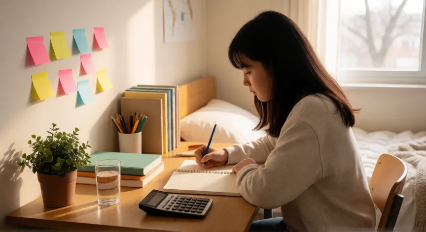 consejos para 1 bachillerato, Estudiante de bachillerato organizando su estudio en una mesa ordenada con apuntes y libros.