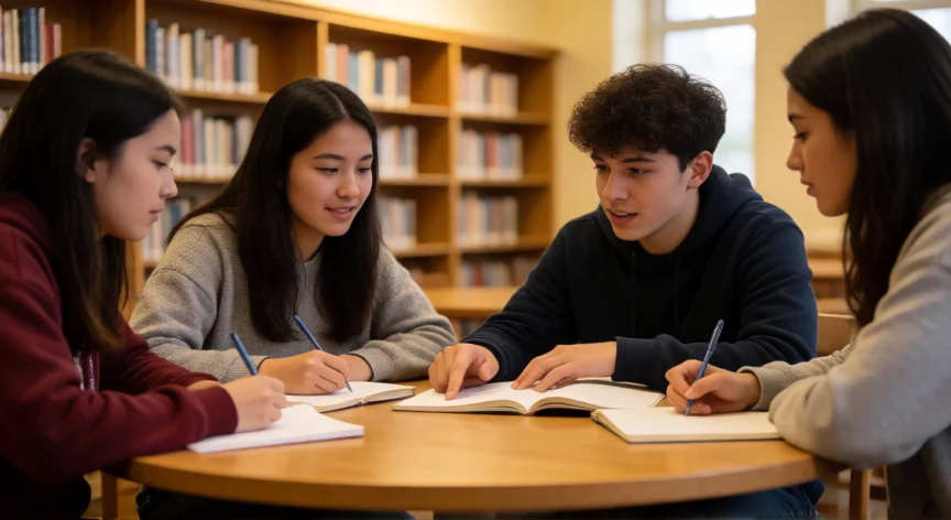 consejos para 1 bachillerato, Grupo de estudiantes de bachillerato repasando juntos en la biblioteca del instituto.
