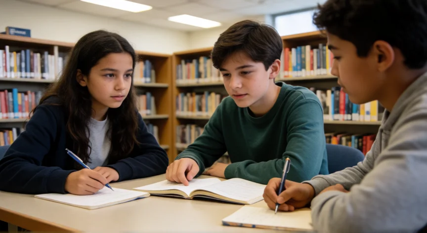 consejos para 1 de la eso, Tres alumnos de la ESO estudiando juntos en la biblioteca del instituto