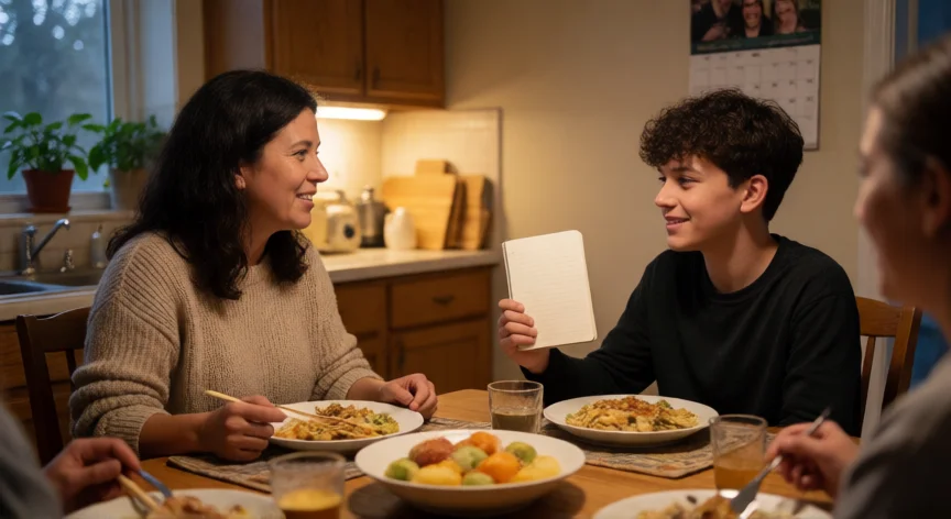 consejos para 1 de secundaria, Padre o madre conversando con su hijo adolescente sobre el curso en la mesa de la cocina