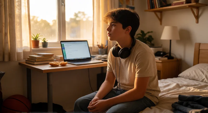 consejos para 15 años, Adolescente de 15 años reflexionando en su habitación con luz cálida de atardecer
