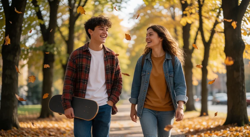 consejos para 15 años, Dos amigos adolescentes caminando y riendo por un camino arbolado en otoño