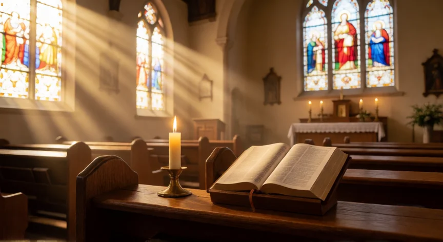 consejos para 15 años cristianos, Interior de iglesia con luz matutina, vela encendida y Biblia abierta en un banco de madera