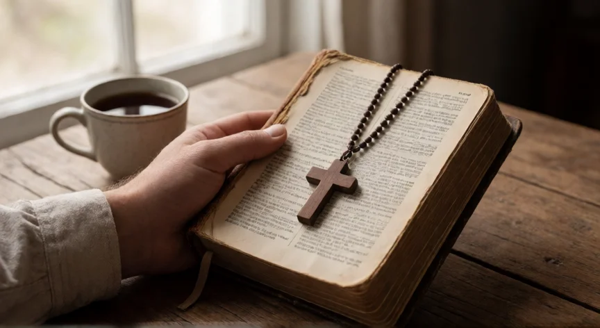 consejos para 15 años cristianos, Manos sosteniendo una Biblia vieja con un crucifijo de madera sobre las páginas, luz natural