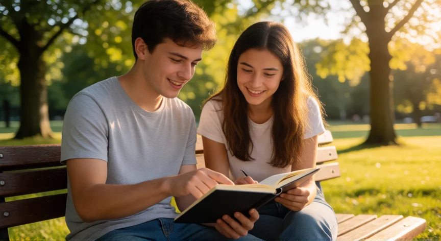 consejos para 18 años, Jóvenes de 18 años planificando su futuro en un parque