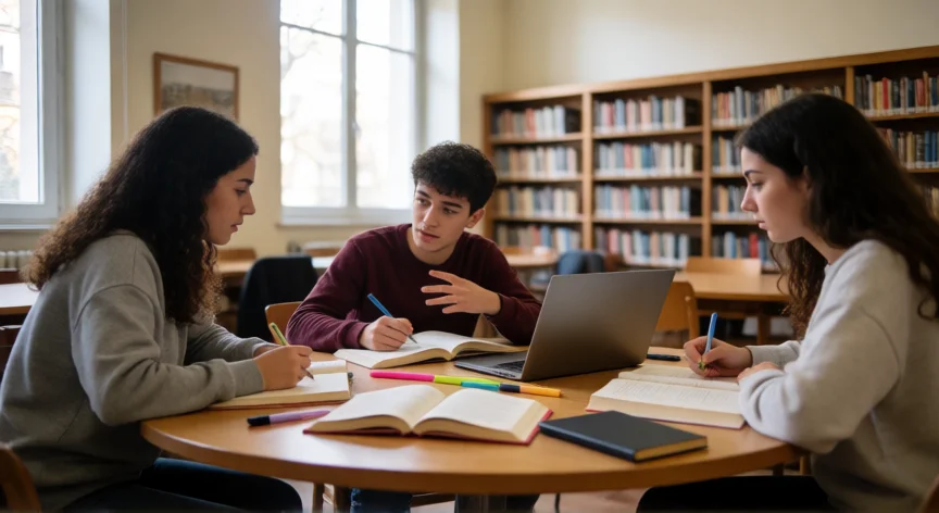 consejos para 2 bachillerato, Grupo de estudiantes de bachillerato repasando juntos en la biblioteca